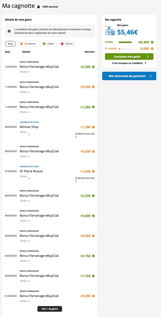 Evolution de ma cagnotte au fil des jours sur ebuyclub - avril 2025 - https://ebuyclub13.com/